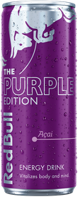 A full chilled can of Red Bull Purple Edition