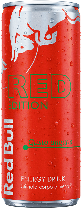 A full chilled can of Red Bull Red Edition
