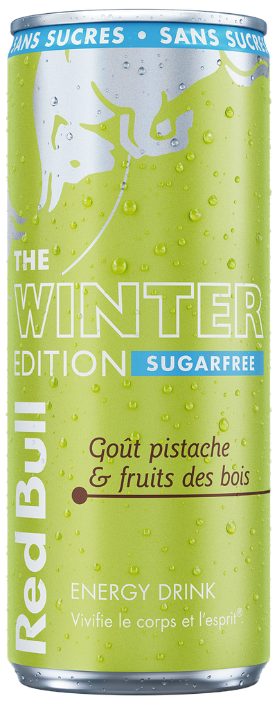 A full chilled can of Red Bull Winter Edition Sugarfree