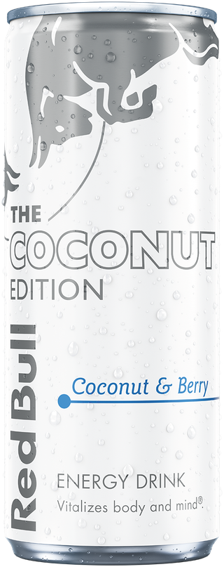 A full chilled can of Red Bull Coconut Edition