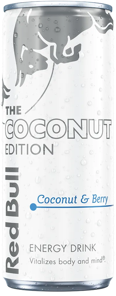A full chilled can of Red Bull Coconut Edition