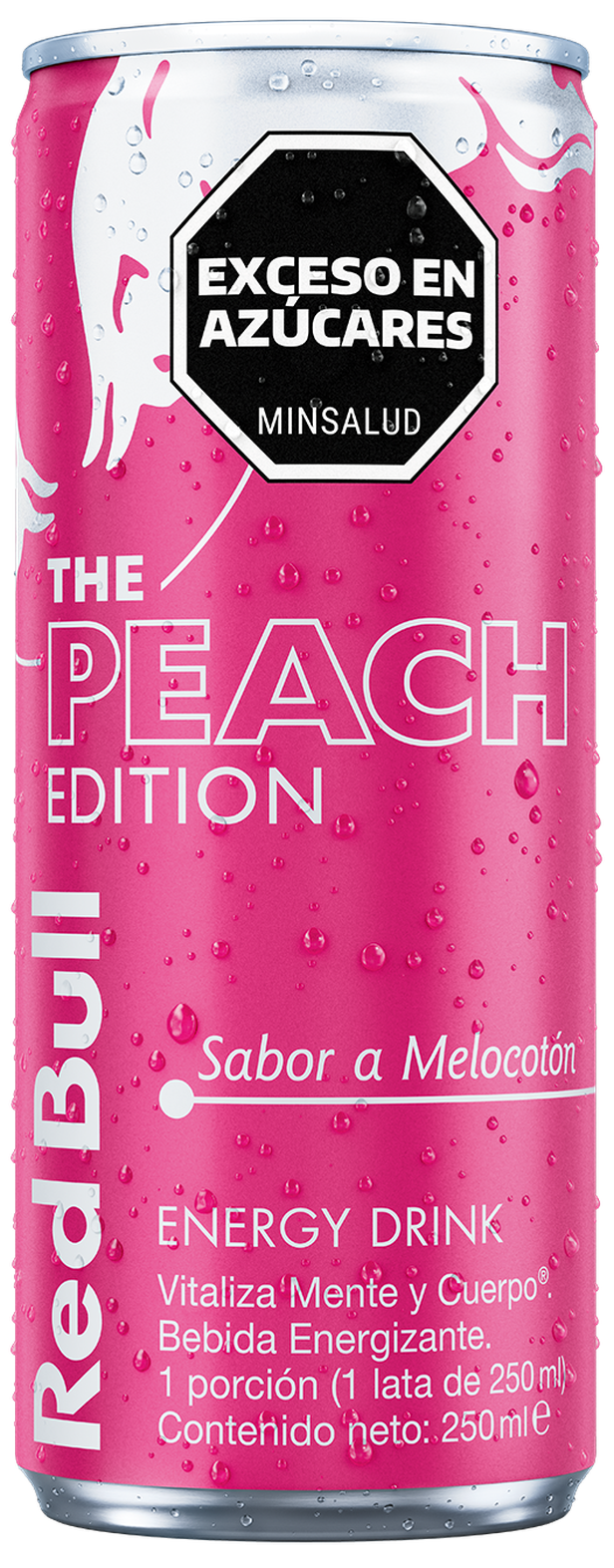 A full chilled can of Red Bull Peach Edition