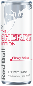 A full chilled can of Red Bull Cherry Edition