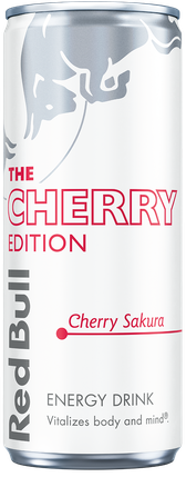 A full chilled can of Red Bull Cherry Edition