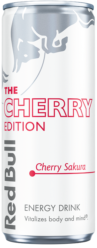 A full chilled can of Red Bull Cherry Edition