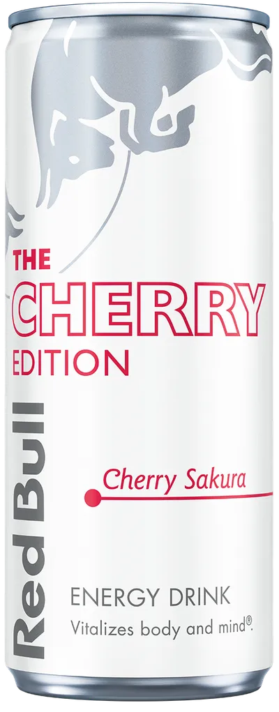A full chilled can of Red Bull Cherry Edition
