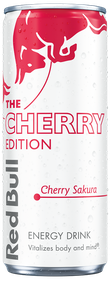 A full chilled can of Red Bull Cherry Edition