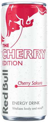 A full chilled can of Red Bull Cherry Edition