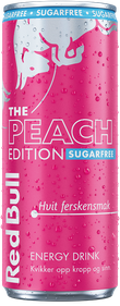 A chilled can of Red Bull Peach Edition Sugarfree