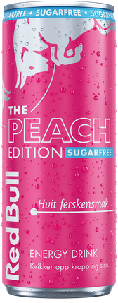 A chilled can of Red Bull Peach Edition Sugarfree