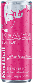 A chilled can of Red Bull Peach Edition