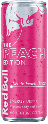 A chilled can of Red Bull Peach Edition