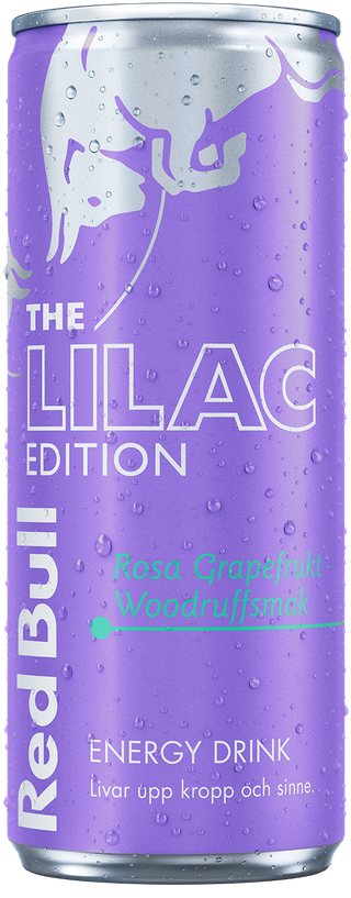 A full chilled can of Red Bull Lilac Edition