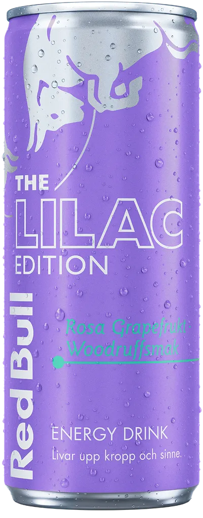 A full chilled can of Red Bull Lilac Edition
