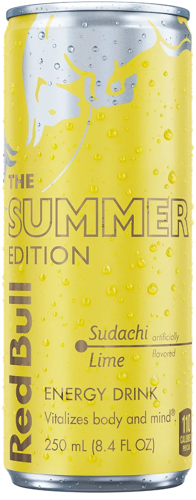 A full chilled can of Red Bull Summer Edition