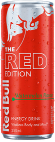 A chilled can of Red Bull Red Edition