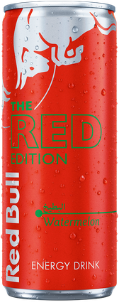 A full chilled can of Red Bull Red Edition