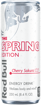 A full chilled can of Red Bull Spring Edition