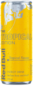 A chilled can of Red Bull Tropical Edition
