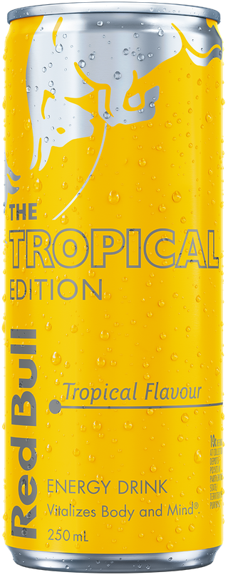 A chilled can of Red Bull Tropical Edition