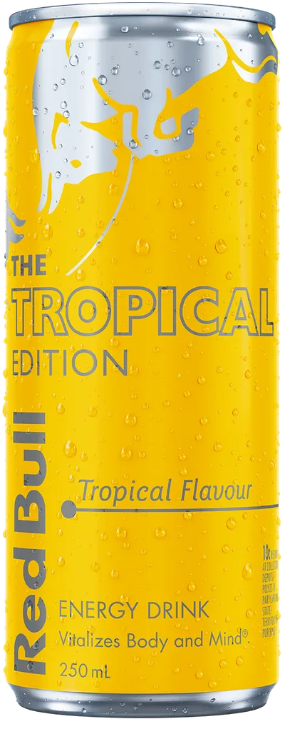 A chilled can of Red Bull Tropical Edition