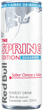 A chilled can of Red Bull Spring Edition Sugarfree