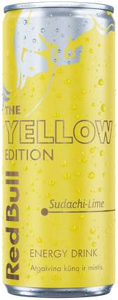 A full chilled can of Red Bull Yellow Edition