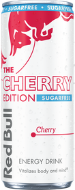 A chilled can of Red Bull Cherry Edition Sugarfree