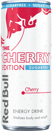 A chilled can of Red Bull Cherry Edition Sugarfree