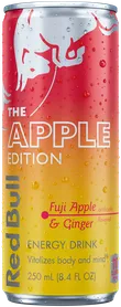 A full chilled can of Red Bull Apple Edition