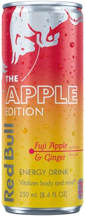 A full chilled can of Red Bull Apple Edition