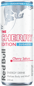 A chilled can of Red Bull Cherry Edition Sugarfree