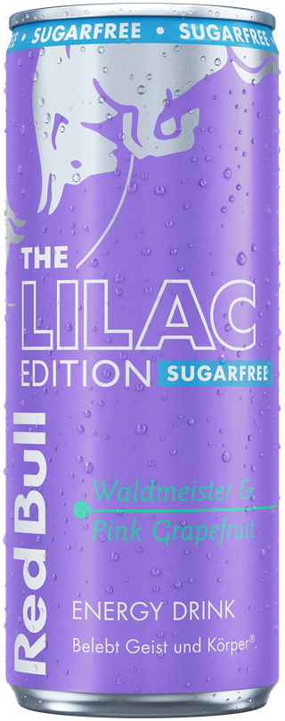 A full chilled can of Red Bull Lilac Edition