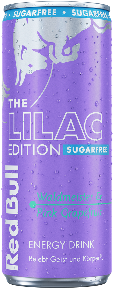 A full chilled can of Red Bull Lilac Edition