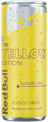 A full chilled can of Red Bull Yellow Edition