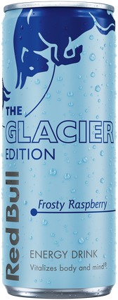 Image of a chilled can of Red Bull Glacier Edition