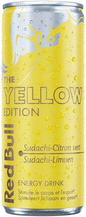 A full chilled can of Red Bull Yellow Edition