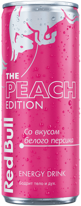 Image of a chilled can of Red Bull Peach Edition