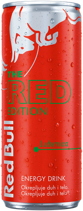 A full chilled can of Red Bull Red Edition