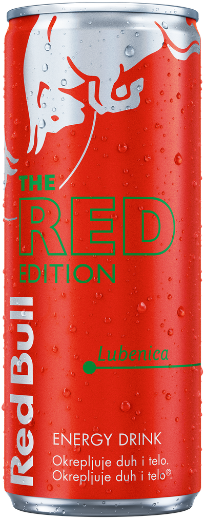A full chilled can of Red Bull Red Edition