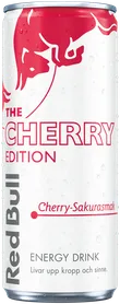 A full chilled can of Red Bull Cherry Edition