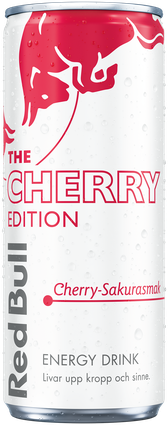 A full chilled can of Red Bull Cherry Edition