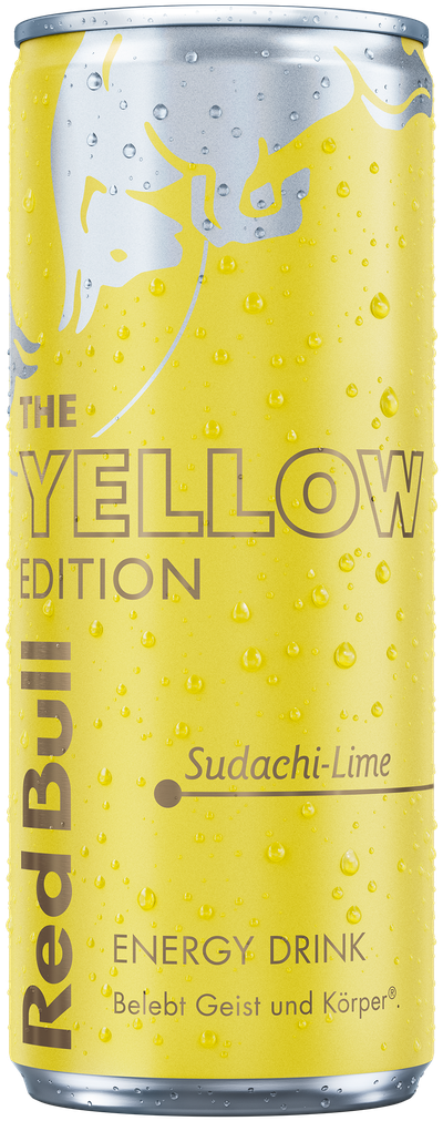 A full chilled can of Red Bull Yellow Edition