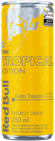 A full chilled can of Red Bull Tropical Edition