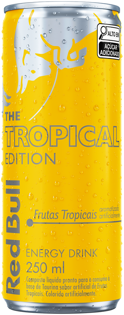 A full chilled can of Red Bull Tropical Edition