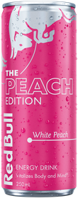 A full chilled can of Red Bull Peach Edition