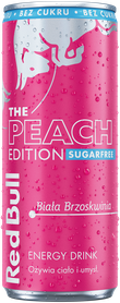 A chilled can of Red Bull Peach Edition Sugarfree