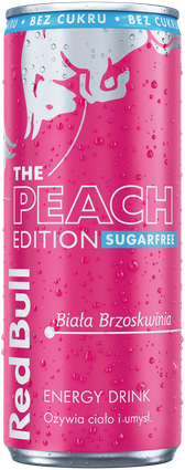 A chilled can of Red Bull Peach Edition Sugarfree