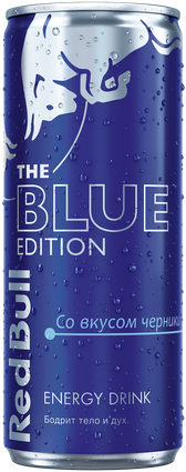 Image of a chilled can of Red Bull Blue Edition