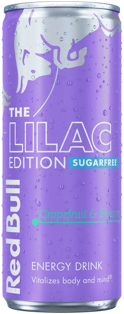 A full chilled can of Red Bull Lilac Edition